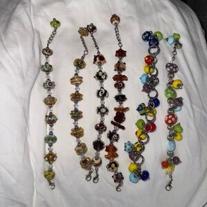 Set of 6 Murano or similar Glass Bead Charm Bracelets
